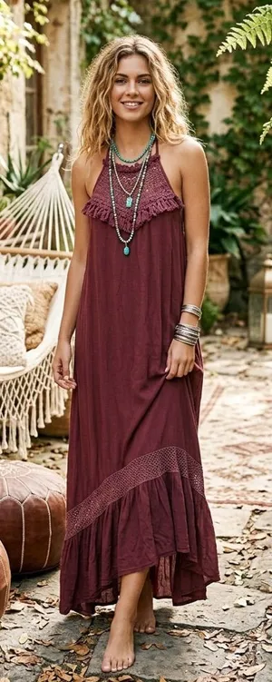 $89 NWOT POL Boho Chic Halter Hi/low Midi Dress – Deep Plum S thumbnail 1