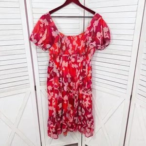 Torrid Floral Crinkle Fabric Tiered Puff Sleeve Smocked Midi Dress Red‎ Pink 12 thumbnail 11