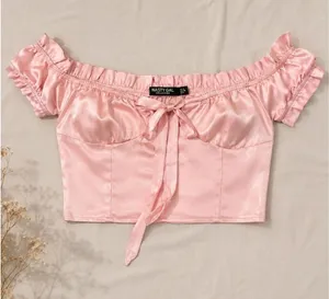 Nasty Gal Blush Pink Satin Off-Shoulder Tie-Front Crop Top thumbnail 1