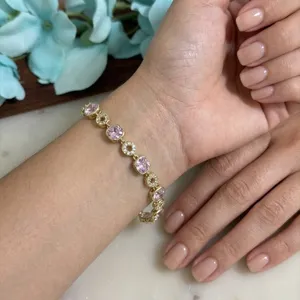 14K Gold Plated XP Pink Crystal Gold Tone Pave Link Bracelet Adjustable thumbnail 1