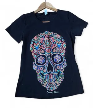 Sugar Skull Tee Black Spooky Graphic Euro Cotton Casual Y2K Bright Festival S thumbnail 1