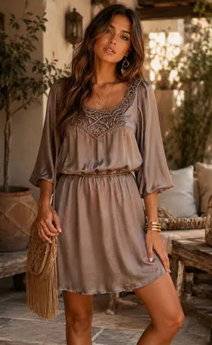 Ya Los Angeles Taupe Satin Blouson Mini Dress Macrame Embroidered Neck Boho Sz M thumbnail 1
