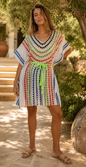 Jealous Tomato Multicolor Chevron Kaftan Cover Up Tassel Tie L Resortwear thumbnail 1