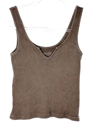John Galt Brown Ribbed Knit Crop Tee Shirt Notched Neckline One Size (XS-S) thumbnail 1