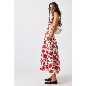 Free People White Floral Slip Midi Dress with Red & Green Print thumbnail 3