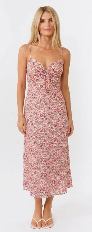 Kittenish Sweetheart Slip Cinched Midi Slide Slit Dress Ditsy Floral Size XS thumbnail 1