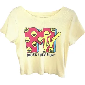 MTV Graphic Tee Women's Large Butter Yellow Ribbed Smiley Face Y2K‎ Retro Music thumbnail 2