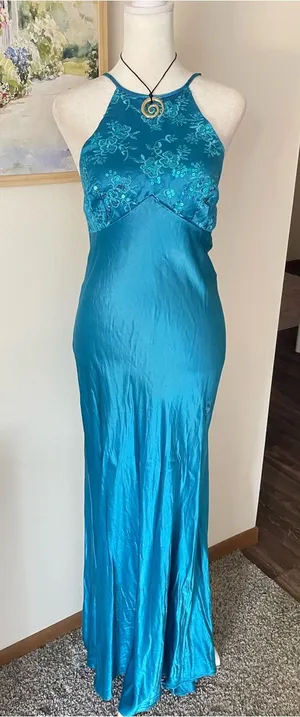 Zum Zum By Niki Livas Vintage 90s Y2K Sequin Halter Satin Prom Dress Teal 9/10 thumbnail 1