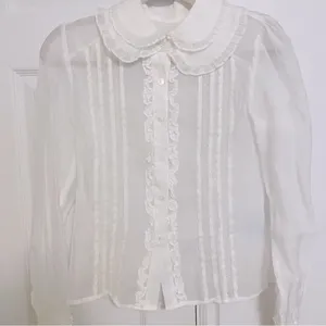 White Lace Cottagecore Barbiecore Elegant Formal Long Sleeve Button Up Shirt thumbnail 2