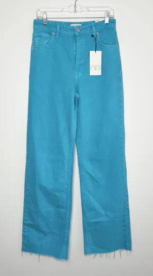 ZARA Wide Leg Blue Colored Denim High Waisted Raw Hem Jeans thumbnail 1