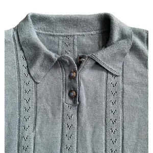 Women's Blue Long Sleeve Knit Eyelet Collared Sweater‎ Preppy Classy Size Med. thumbnail 4