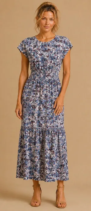 Nation Ltd. Boho Ditzy Floral 100% Pima Cotton Smocked Waist Maxi Dress Size XS thumbnail 1