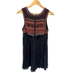 Free People Aztec Beaded Embroidered Bib Dress‎ Black Boho Festival Cotton Sz 4 thumbnail 3