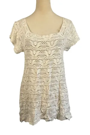 Ivory Crochet Lace Beach Cover Up Dress Cream Size Medium Summer‎ Boho thumbnail 1