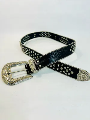 Western Black Leather Belt with Crystal Studded Rhinestones, Engraved Buckke thumbnail 11