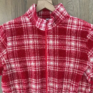 Anthropologie Vintage Collared Fleece Drawstring Waist Jacket Red White Plaid M thumbnail 5