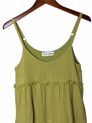Olive Green Linen Blend Boho Tiered Ruffle Babydoll Mini Dress Small Sundress thumbnail 3