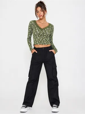 Forever 21 Green Floral Lace Trim Long Sleeve Ribbed Stretch V Top Cottagecore thumbnail 3