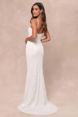 NWT Lulus Momentous Love White Beaded Bustier Mesh Mermaid Maxi Dress Bride XS thumbnail 2