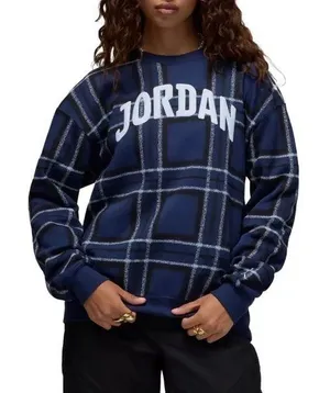 Jordan Essentials Womens Plaid Fleece Crewneck‎ Sweatshirt Navy Blue XXL thumbnail 1