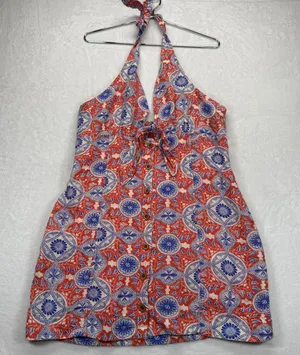 Maeve Anthropologie Halter Dress Button Front Linen‎ Blend Red Blue Large thumbnail 1