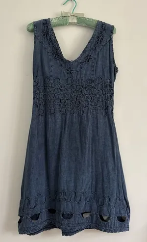Vintage 90s Blanco V-Neck Cotton Soft Denim Cutout Dress Size Medium thumbnail 1