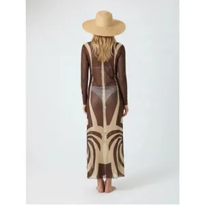 NWT Caroline Constas Brown Cover Up Maxi Dress Mesh Long Sleeve Sheer Beige M thumbnail 2