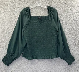 Madewell Lucie Bubble Sleeve Smocked Top Long Sleeve Green Peasant Boho W XL thumbnail 1