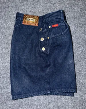 vintage Lawman high-waisted dark wash denim shorts featuring prominent gold-tone thumbnail 1