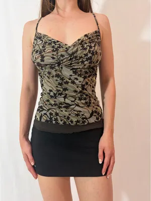 Earthy Graphic Mesh Overlay Cami Y2K Top Green thumbnail 5