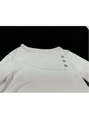 Womans Excellent Cable & Gauge Pullover Sweater Large White 3/4 Sleeve Cowl Neck thumbnail 3