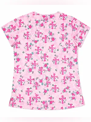 Wear For Care Pink Cross Scrub Top Size Small | V-Neck Medical Uniform | Nurse thumbnail 3