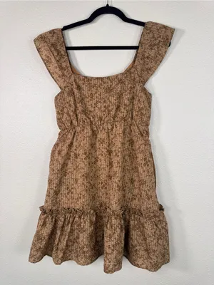 Disturbia Brown Floral Ruffled Mini Dress Womens 6 Fall Casual Boho Peasant thumbnail 5