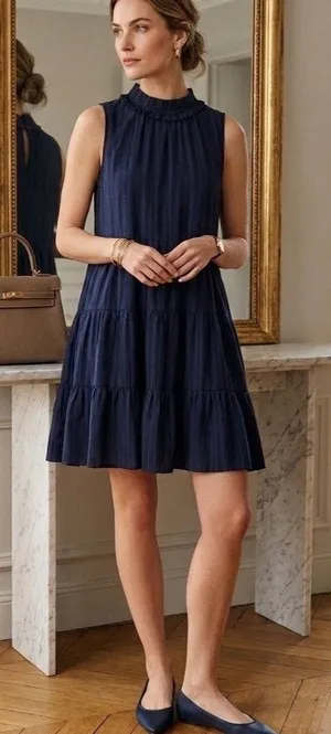 GLAM Navy Blue Tiered Mock Neck Mini Dress Sleeveless Ruffle Babydoll Size M thumbnail 1