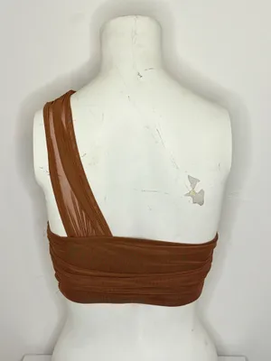 SheIn Brown One-Shoulder Ruched Mesh Crop Top | Asymmetrical Going Out Top thumbnail 3
