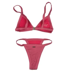 Meshki Pink Ribbed Knit 2 Piece Beach Swimsuit Swimwear Bikini Set Size L & M thumbnail 2