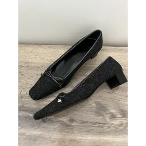COACH Felt wool square toe pointed heels pumps C Bow y2k Size 8 gray black thumbnail 4
