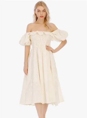 Boutique Womens Summer Floral Print Puff Sleeves Vintage Ruffles Midi Dress, Lightyellow, Small thumbnail 3