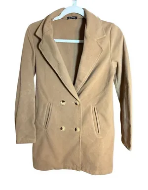 Boohoo Womens Double Breasted Button Wool Look Coat in Camel Sz S‎ thumbnail 1