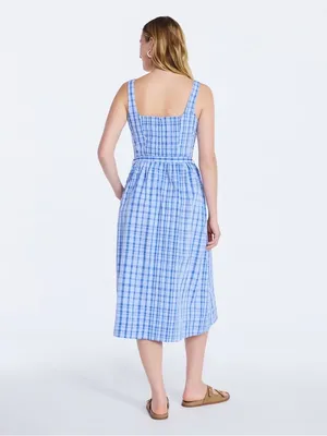 NWT Free Assembly Blue Plaid Square-Neck Midi Dress with Self-Tie Waist Size L thumbnail 2