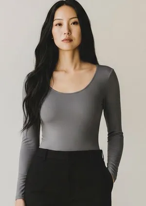 Express Body Contour Scoop Neck Long Sleeve Thong Bodysuit, Gray. Size XS thumbnail 1