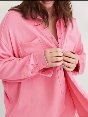 Aerie Lumber Jane Oversized Pink French Terry Shirt Button Down Womens Medium thumbnail 2