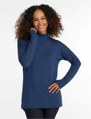 LL Bean Womens SoftFlex Blue Mock Neck Pullover Long Sleeve Thumb Hole Tunic Top thumbnail 1