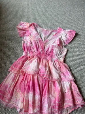 pink and yellow tie die v neck ruffle dress thumbnail 1