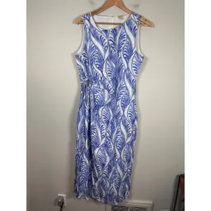 Magaschoni Linen Midi Dress Women 10 Blue White Coastal Cutout Resortwear thumbnail 2