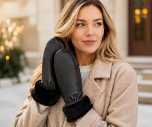 VTG Wilsons Women's Gloves Black Faux Fur Cuff Leather Fleece Large thumbnail 1