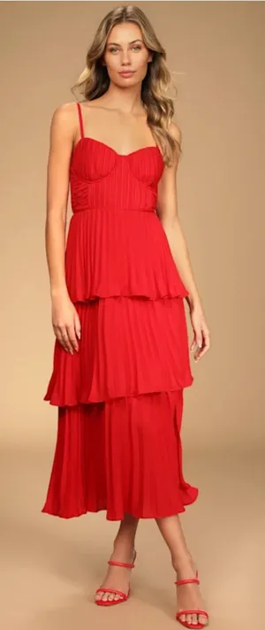 Lulus Red Tiered Midi Dress S thumbnail 1