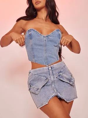 NWT PrettyLittleThing Petite Light Blue Wash Mini Pocket Front Denim Skirt Sz 2P thumbnail 3
