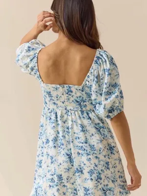 NWT Altar'd State Blue Floral Puff Sleeve CottageCore Mini Dress thumbnail 4