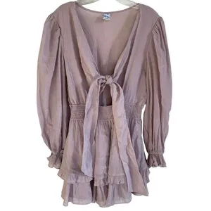 Angel Biba Mauve Ruffle Mini Romper Dress Long Balloon Sleeve Front‎ Tie Small thumbnail 6